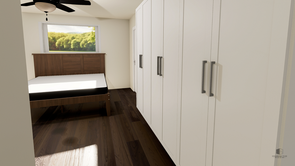 Second 3D view of the proposed tall white storage cabinets beside the laundry appliances