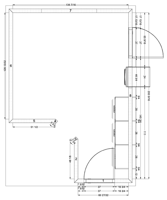 Floor plan showing the storage cabinet location, nearby laundry appliances and door swings