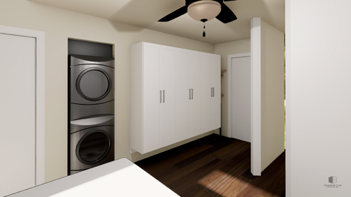 3D rendering of tall white storage cabinets beside a stacked washer and dryer in a Kamloops home