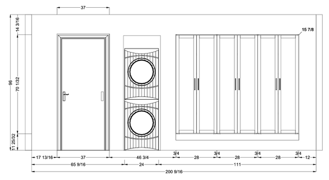 Dimensioned front elevation showing the layout of six tall cabinet doors and interior shelving